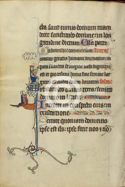 Initial J: David Playing the Harp and Two Persons Praying; Ruskin Hours, about 1300. Creator: Unknown.
