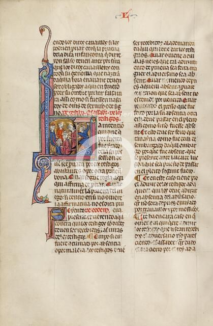 Initial L: A Man Clubbing Another Man before a Judge; Vidal Mayor, about 1290-1310. Creator: Unknown.
