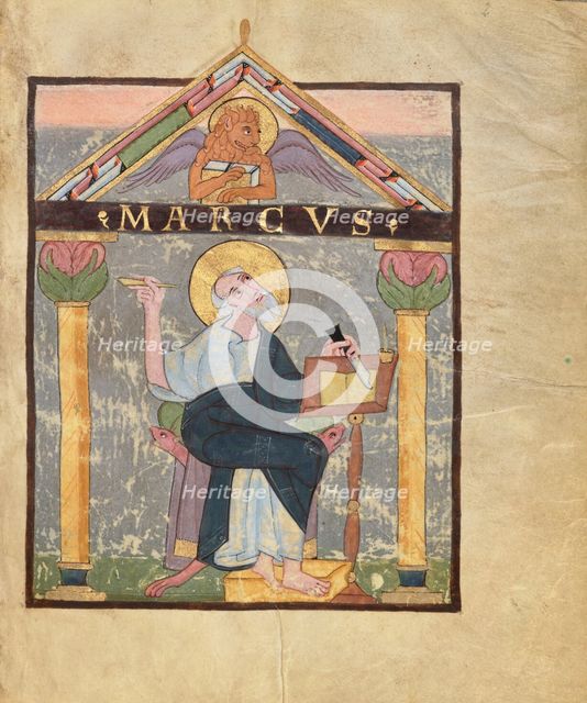 Initial L: A Man in Bed Raising His Hands to Heaven; Bute Psalter, text and illumination about 1285. Creator: Bute Master.