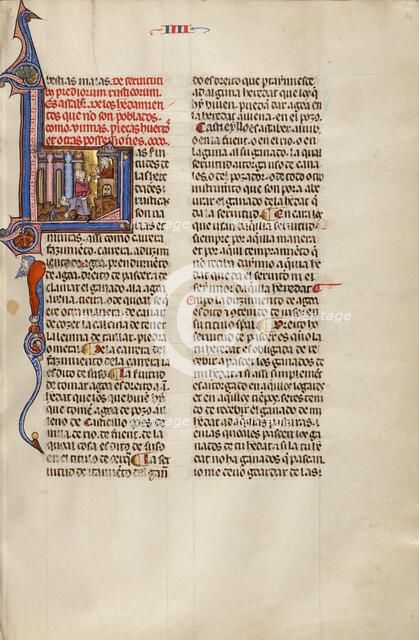 Initial L: A Man Speaking to Another from a Balcony while a third Digs..., about 1290-1310 Creator: Unknown.