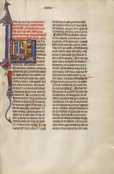 Initial L: A Man Speaking to Another from a Balcony while a third Digs..., about 1290-1310 Creator: Unknown