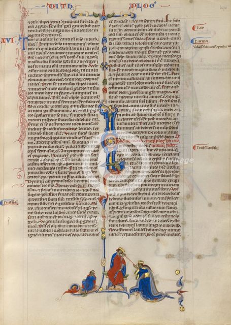 Initial L: Esther before King Ahausuerus; Abbey Bible, about 1250-1262. Creator: Unknown.