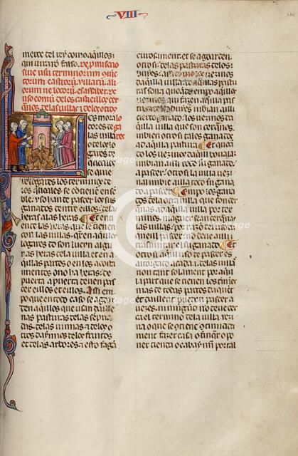 Initial L: Four Men Gathered around a Tower; Vidal Mayor, about 1290-1310. Creator: Unknown.
