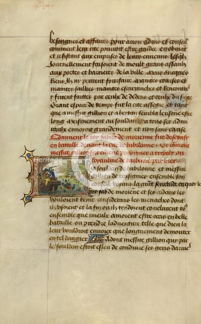 Initial L: Gillion Captured While in Pursuit of King Fabur; Roman de Gillion de Trazegnies, 1464. Creators: Lieven van Lathem, David Aubert.