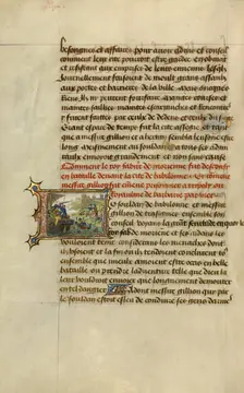 Initial L: Gillion Captured While in Pursuit of King Fabur; Roman de Gillion de Trazegnies, 1464. Creators: Lieven van Lathem, David Aubert