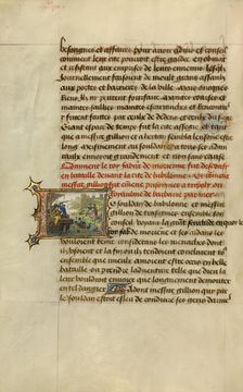 Initial L: Gillion Captured While in Pursuit of King Fabur; Roman de Gillion de Trazegnies, 1464. Creators: Lieven van Lathem, David Aubert