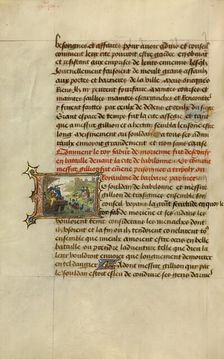 Initial L: Gillion Captured While in Pursuit of King Fabur; Roman de Gillion de Trazegnies, 1464. Creators: Lieven van Lathem, David Aubert