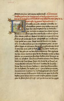 Initial L: Gillion and His Companion Hertan Riding to Rescue the Sultan, 1464. Creators: Lieven van Lathem, David Aubert