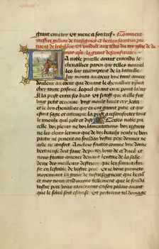 Initial L: Gillion and His Companion Hertan Riding to Rescue the Sultan, 1464. Creators: Lieven van Lathem, David Aubert