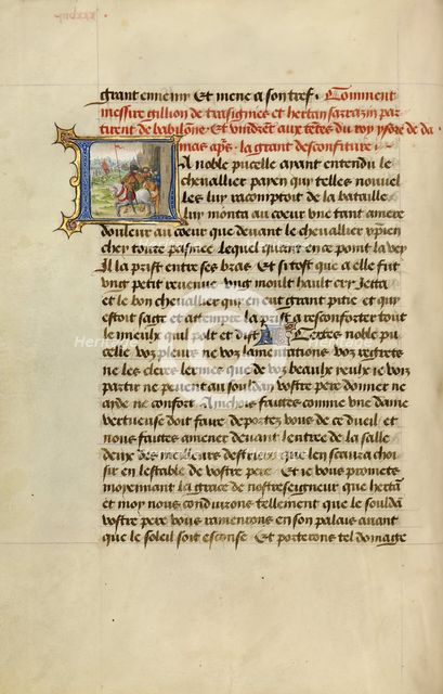Initial L: Gillion and His Companion Hertan Riding to Rescue the Sultan, 1464. Creators: Lieven van Lathem, David Aubert.