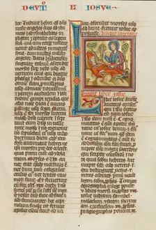Initial L: God Blessing the Dead Moses; Historia Scholastica, about 1300. Creator: Unknown
