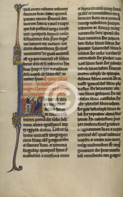 Initial L: God Speaking to Moses from a Tower; Marquette Bible, about 1270. Creator: Unknown.