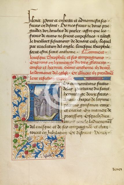 Initial L: Saint Anthony Appearing to Bishop Theophilus and Leading Him to His..., about 1465-70. Creators: Master of the Brussels Romuléon, Workshop of the Master of the Brussels Romuléon.