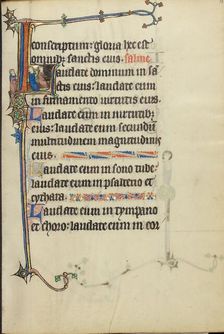 Initial L: Two Men Playing a Harp and a Hand Organ; Ruskin Hours, about 1300. Creator: Unknown