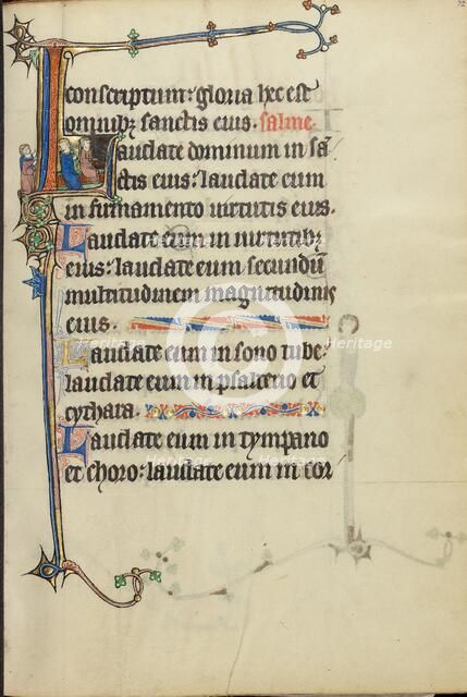 Initial L: Two Men Playing a Harp and a Hand Organ; Ruskin Hours, about 1300. Creator: Unknown.