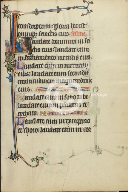 Initial L: Two Men Playing a Harp and a Hand Organ; Ruskin Hours, about 1300. Creator: Unknown.