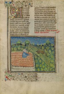Initial L: Two Spies Carrying Grapes: Initial C: Man Scaling a Ladder; Bute Psalter, about 1285. Creator: Bute Master