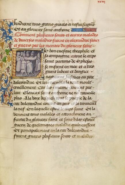 Initial L: The Sick in Alexandria Are Healed after Touching the Body of Saint Anthony, about 1465-70 Creators: Master of the Brussels Romuléon, Workshop of the Master of the Brussels Romuléon.