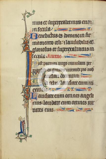 Initial L: Three Nimbed Heads, a Head of a Man, and a Head of a Bull; Ruskin Hours, about 1300. Creator: Unknown.