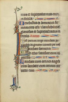 Initial L: Three Nimbed Heads, a Head of a Man, and a Head of a Bull; Ruskin Hours, about 1300. Creator: Unknown