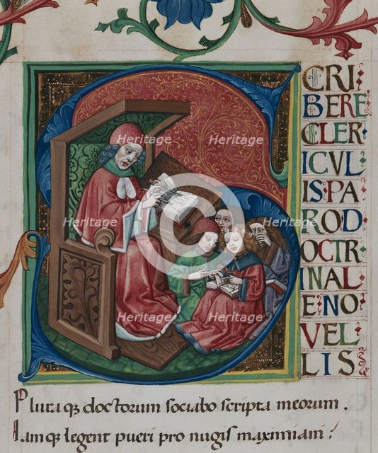 Initial: Learning children. From "Doctrinale puerorum" by Alexander de Villa Dei, c1467-1469. Creator: Anonymous.