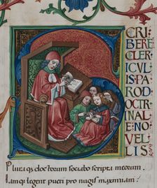 Initial: Learning children. From "Doctrinale puerorum" by Alexander de Villa Dei, c1467-1469. Creator: Anonymous