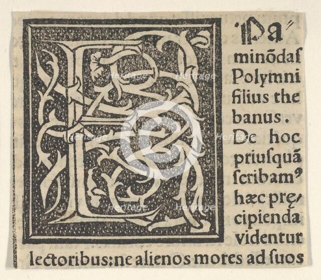 Initial letter E on patterned background, 1520., 1520. Creator: Anon.