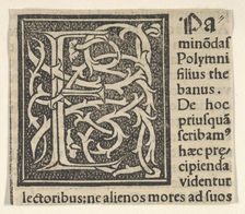 Initial letter E on patterned background, 1520., 1520. Creator: Anon
