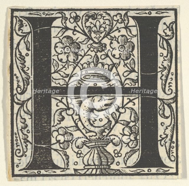 Initial letter H with dolphin and crown, mid-16th century. Creator: Unknown.