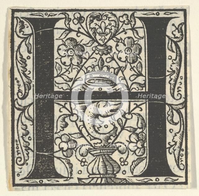 Initial letter H with dolphin and crown, mid-16th century. Creator: Unknown.