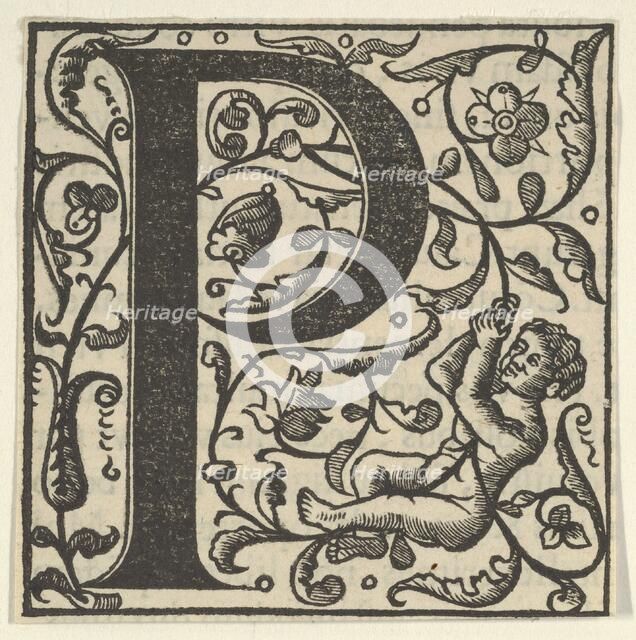 Initial letter P with putto, mid-16th century. Creator: Unknown.