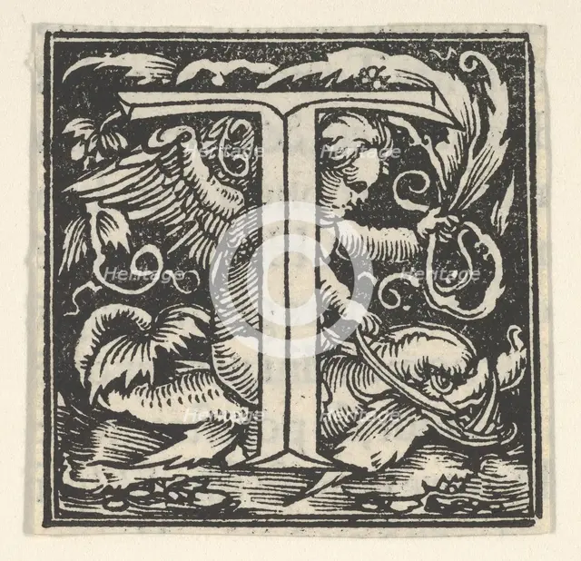 Initial letter T with putto, ca. 1538. Creator: Heinrich Vogtherr.