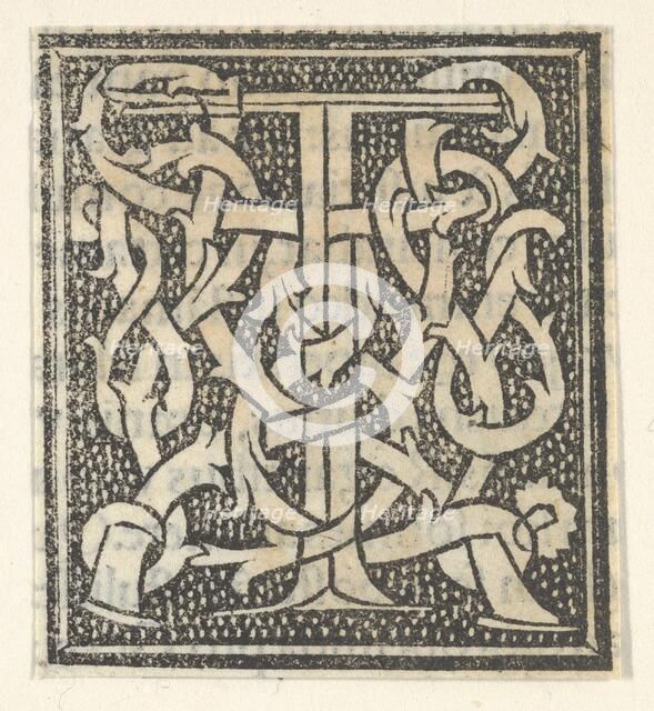 Initial letter T on patterned background, 1520., 1520. Creator: Anon.