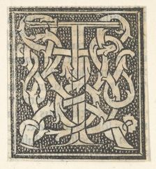 Initial letter T on patterned background, 1520., 1520. Creator: Anon