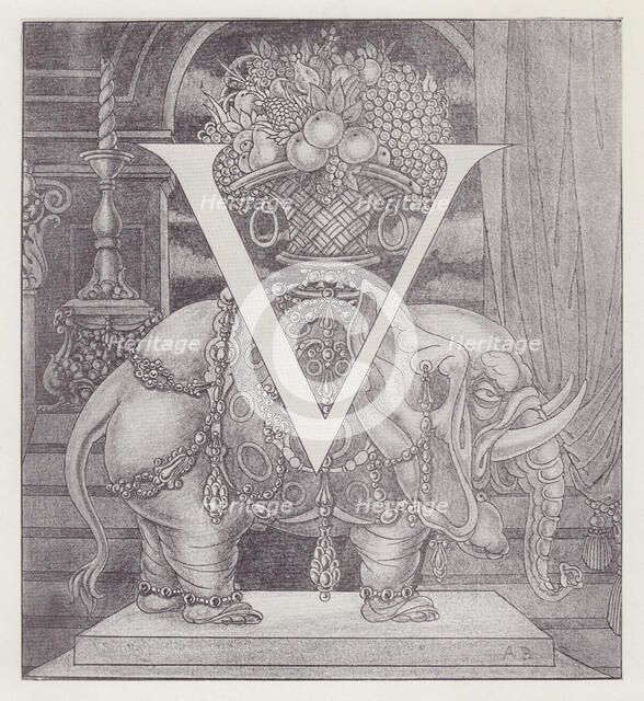 Initial Letter V (Elephant) to Volpone, 1898. Creator: Aubrey Beardsley.