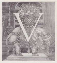Initial Letter V (Elephant) to Volpone, 1898. Creator: Aubrey Beardsley
