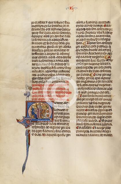 Initial M: A Judge and an Attorney and A Horseman before a Tent Decorated..., about 1290-1310. Creator: Unknown.