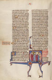 Initial M: A Man Giving Money to Another Man and Two Men Fighting; Vidal Mayor, about 1290-1310. Creator: Unknown