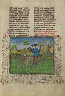 Initial M: A Man Touching a Rock and Pointing; Bute Psalter, text and illumination about 1285. Creator: Bute Master