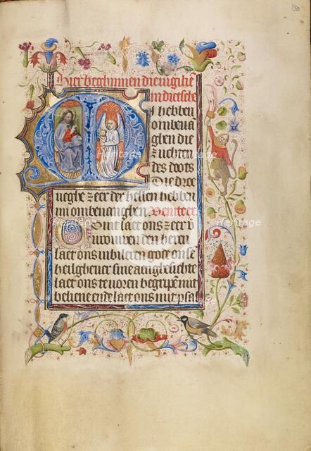 Initial M: An Angel Presenting a Soul to Christ as Judge; Book of Hours, after 1460. Creator: Unknown.