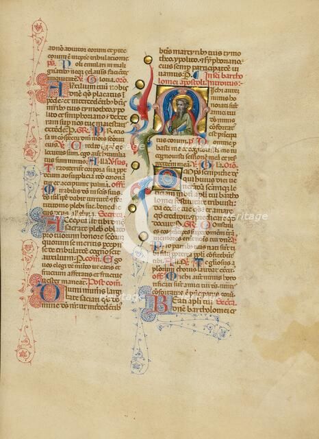 Initial M: Saint Bartholomew; Missal, between about 1389 and 1400. Creator: Master of the Brussels Initials.