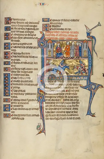 Initial N: A King Speaking to Four Men and A Joust between Two Knights; Vidal Mayor, about 1290-1310 Creator: Unknown.
