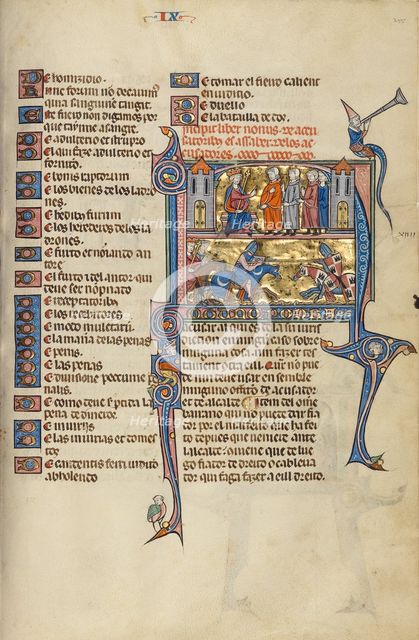 Initial N: A King Speaking to Four Men and A Joust between Two Knights; Vidal Mayor, about 1290-1310 Creator: Unknown.