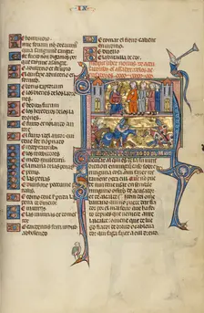 Initial N: A King Speaking to Four Men and A Joust between Two Knights; Vidal Mayor, about 1290-1310 Creator: Unknown