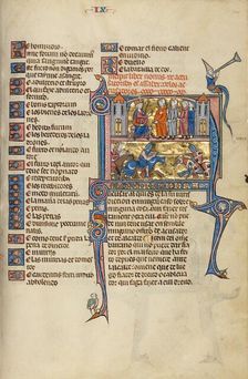 Initial N: A King Speaking to Four Men and A Joust between Two Knights; Vidal Mayor, about 1290-1310 Creator: Unknown