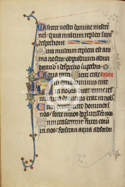 Initial N: A Man (Bileam?) and a Donkey; Ruskin Hours, about 1300. Creator: Unknown.