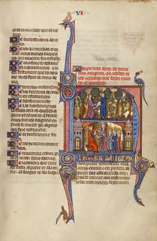 Initial N: A Man Emptying a Money Purse into a Woman's Mantle and A Woman..., about 1290-1310. Creator: Unknown