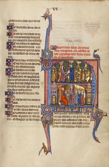 Initial N: A Man Emptying a Money Purse into a Woman's Mantle and A Woman..., about 1290-1310. Creator: Unknown