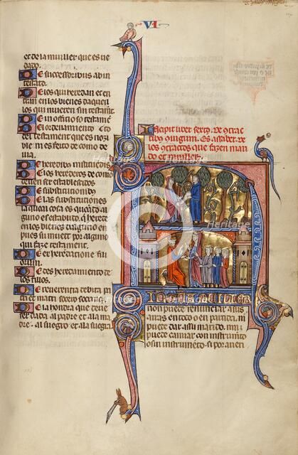 Initial N: A Man Emptying a Money Purse into a Woman's Mantle and A Woman..., about 1290-1310. Creator: Unknown.