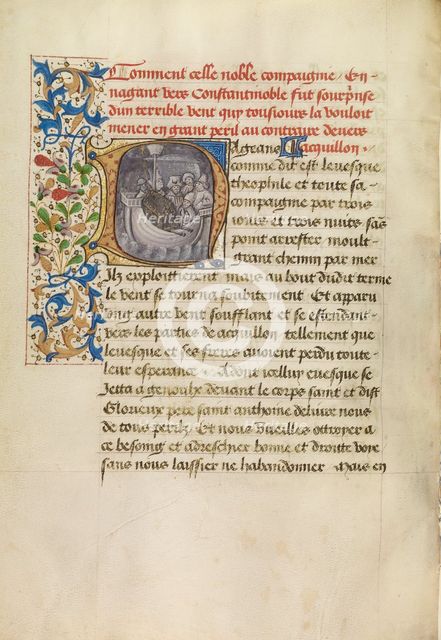 Initial N: Bishop Theophilus's Ship Blown Off Course and Bishop Theophilus in Prayer, about 1465-70. Creators: Master of the Brussels Romuléon, Workshop of the Master of the Brussels Romuléon.